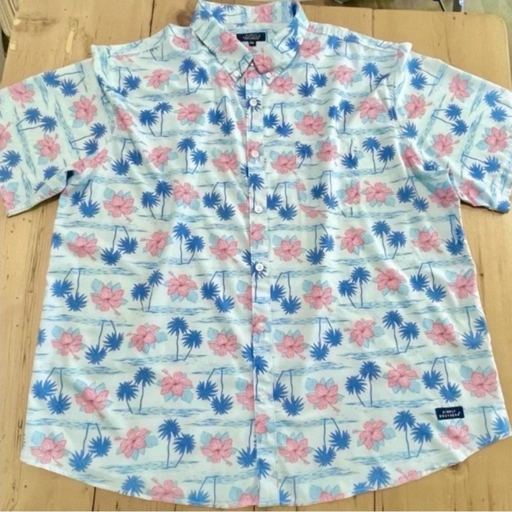 SIMPLY SOUTHERN Coastal Button Down Hawaiian Shirt ~ XXL Palm Trees Blue Pink